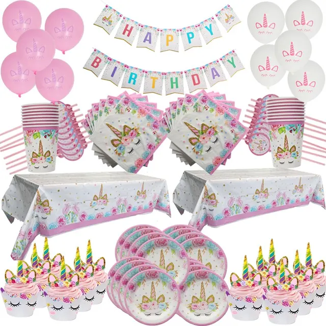 Impreza jednorożec zestaw jednorazowe zastawy stołowe dziewczęcy dekoracja urodzinowa talerze dekoracyjne Unicornio kubek baner prezent na Baby Shower