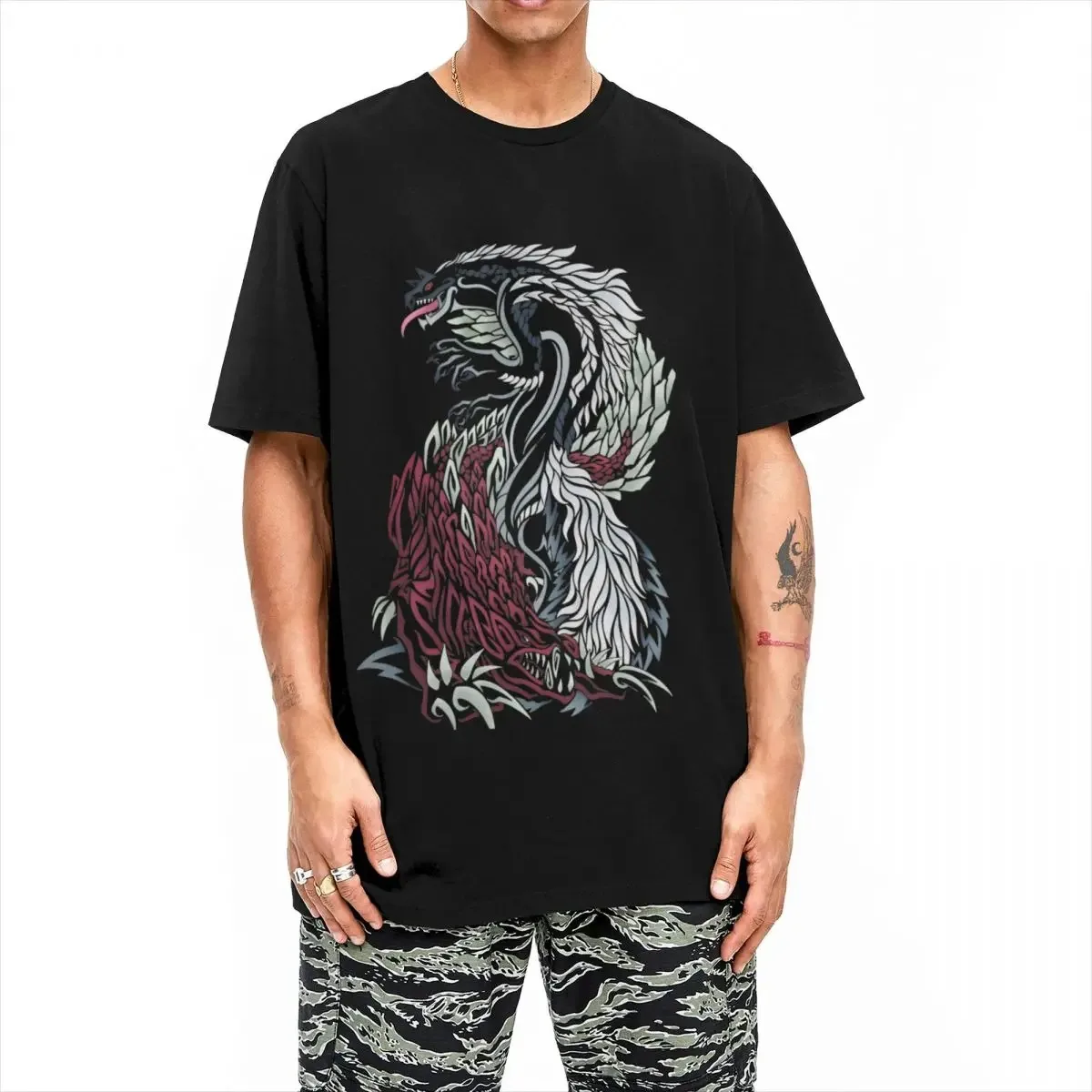 Trend Print Short Sleeve Monster Hunter Tobi Kadachi and Odogaron T-shirt Men\'s Crew Neck Short Sleeve Top Cotton Summer Top