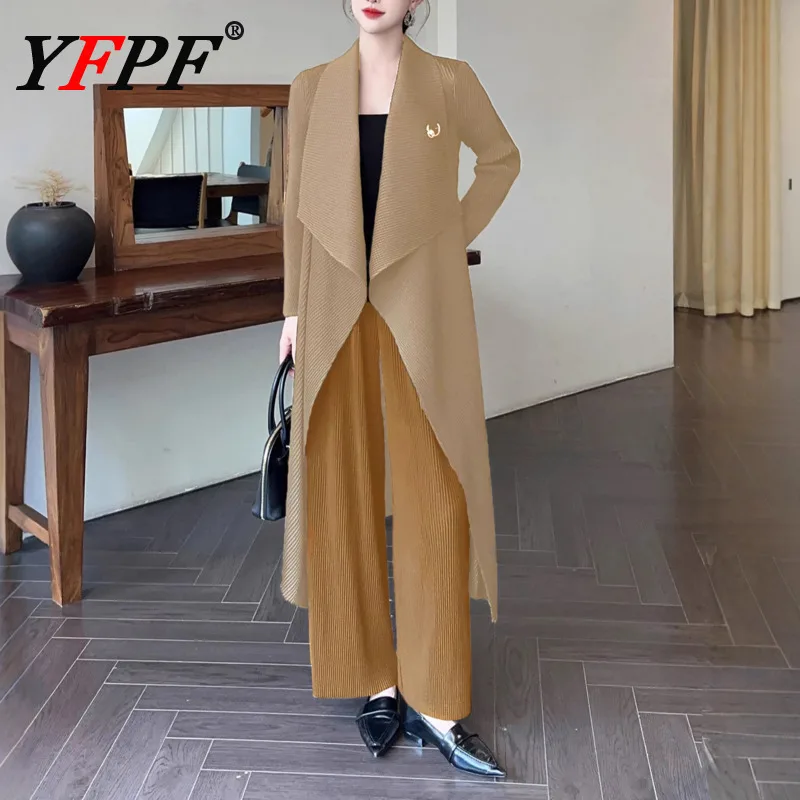 

YFPF Miyake плиссированный однотонный длинный плащ женский элегантный дизайн с кисточками открытая Sitich ветровка модная осенняя новинка