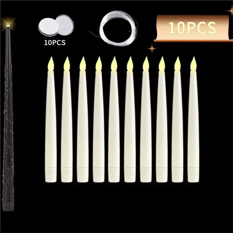Lilin LED Mengambang 10 Buah, Lilin LED Ajaib Mengambang dengan Tongkat Remote untuk Dekorasi Jendela Pesta Tema Ulang Tahun Halloween