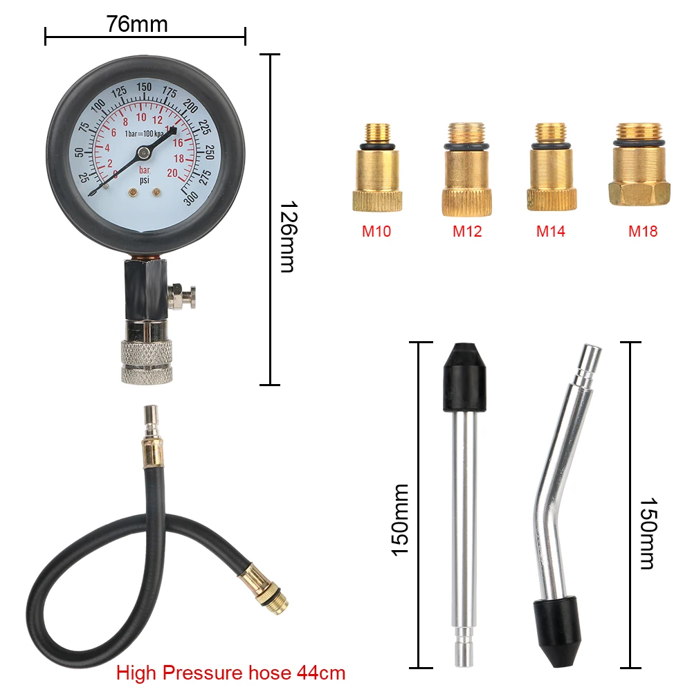 0-300Psi/20Bar Motorcycle Car Cylinder Tester Pressure Gauge M10 M12 M14 M18 Adapter Gasoline Compression Test Meter Diagnostic