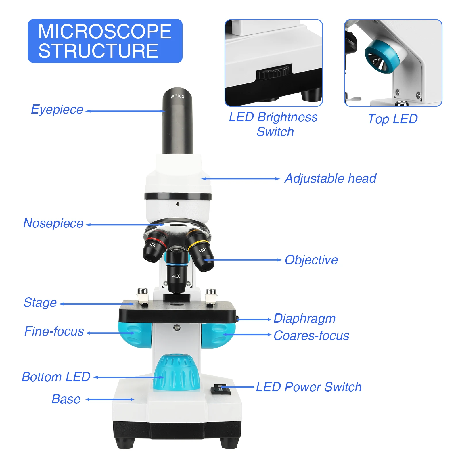 100X-2000X Microscope For Kids Adults With Microscope Slides Kit Professional Biological Microscope For School Laboratory