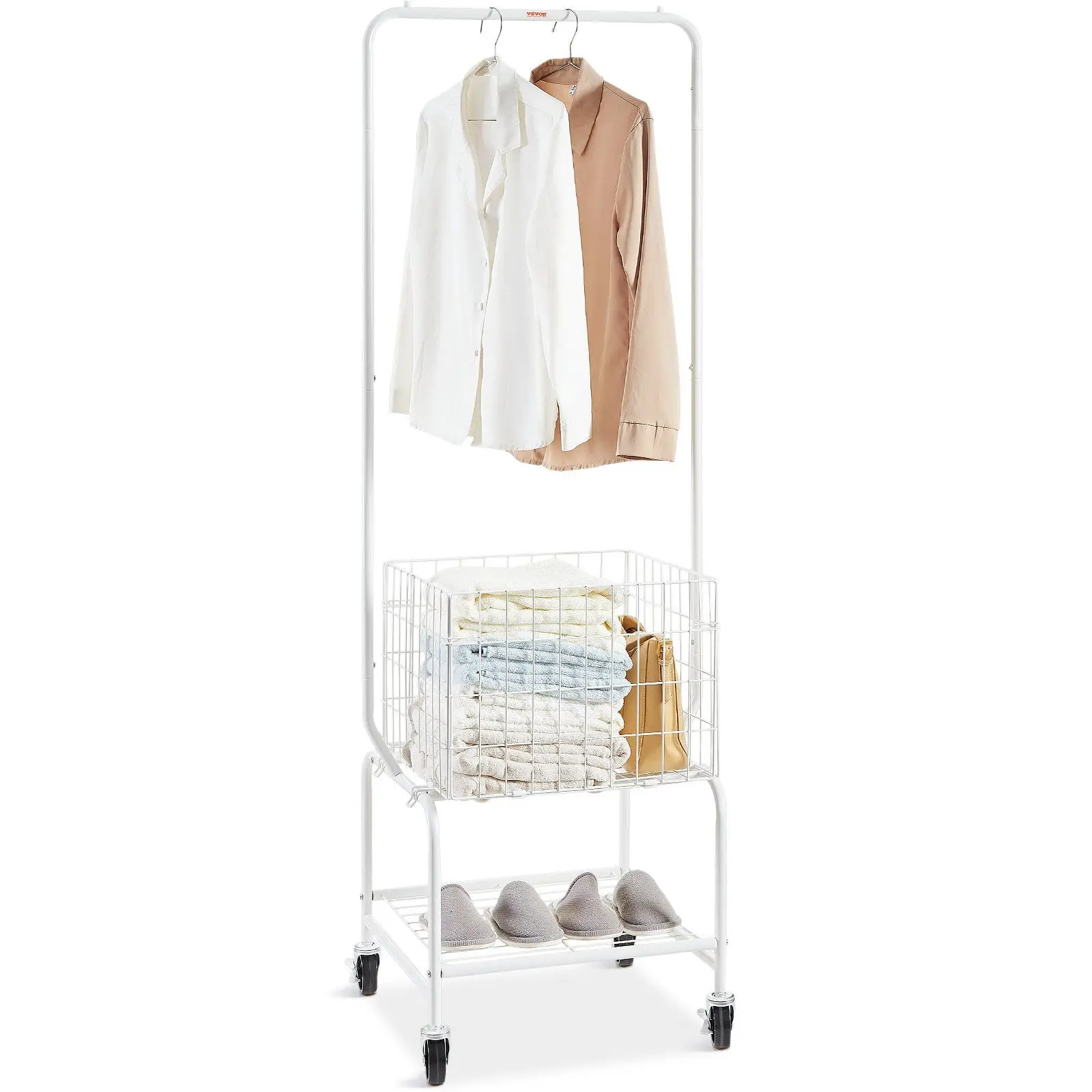 Metal Rolling Laundry Basket with Hanging Garment Rack, Height Adjustment Laundry Hamper Cart with Basket Load and Shelf Load,