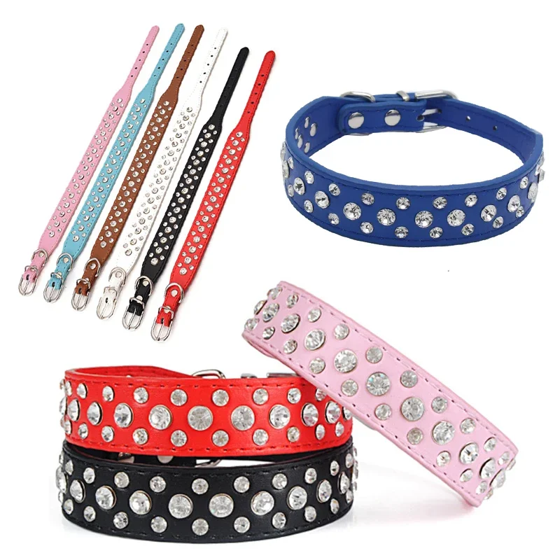 New Pet Collars Bling Rhinestone PU Leather Crystal Supplies Best Gifts For Puppy Dog Choker Cat Necklace Diamante Cute Dog ties