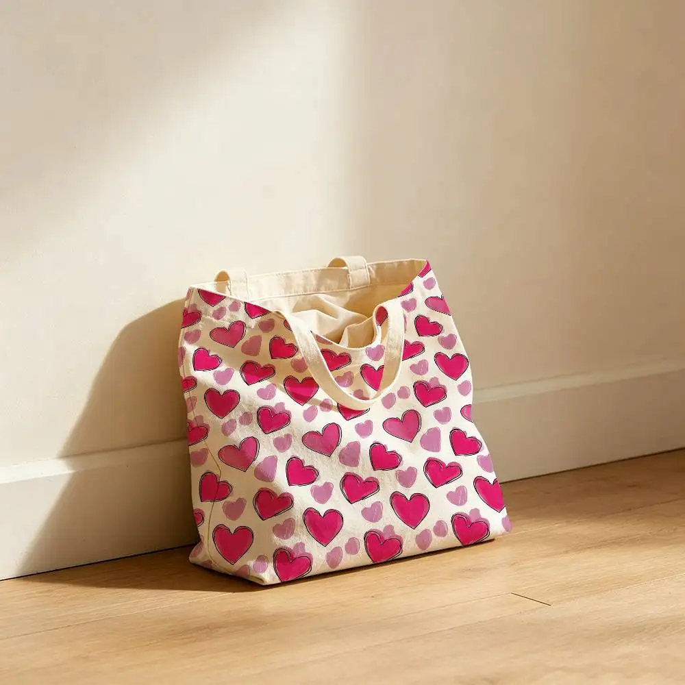 Fashion Heart Love Canvas Tote Bag Waterproof Lining Large Capacity Reusable Shopping Bags Casual Student Daily Handbag