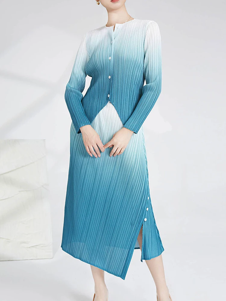 GVUW Pleated Two Piece Sets Women Color Block Single Breasted Full Sleeve Shirt + Split Skirt New 2024 Elegant Lady Sets 17G7880