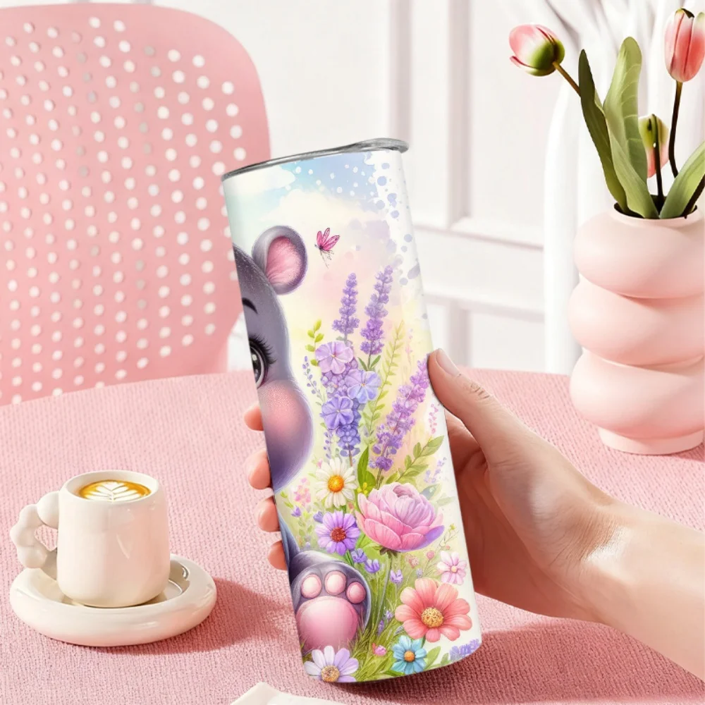 1pc Cute Little Hippo in a Flower Patch Pattern Stainless Steel Water Bottle/Cup with Straw – 20oz (591ml)