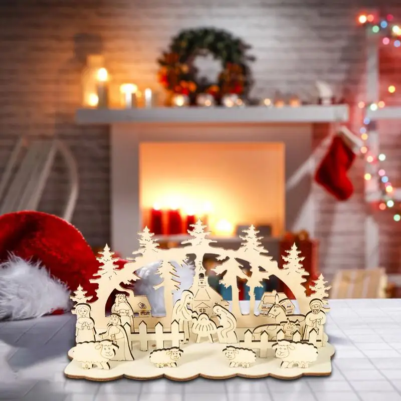 Christmas Nativity Set DIY Scene Wood Table Holiday Decor Home Tabletop Mantel Display Xmas Festive New Year Party Supplies