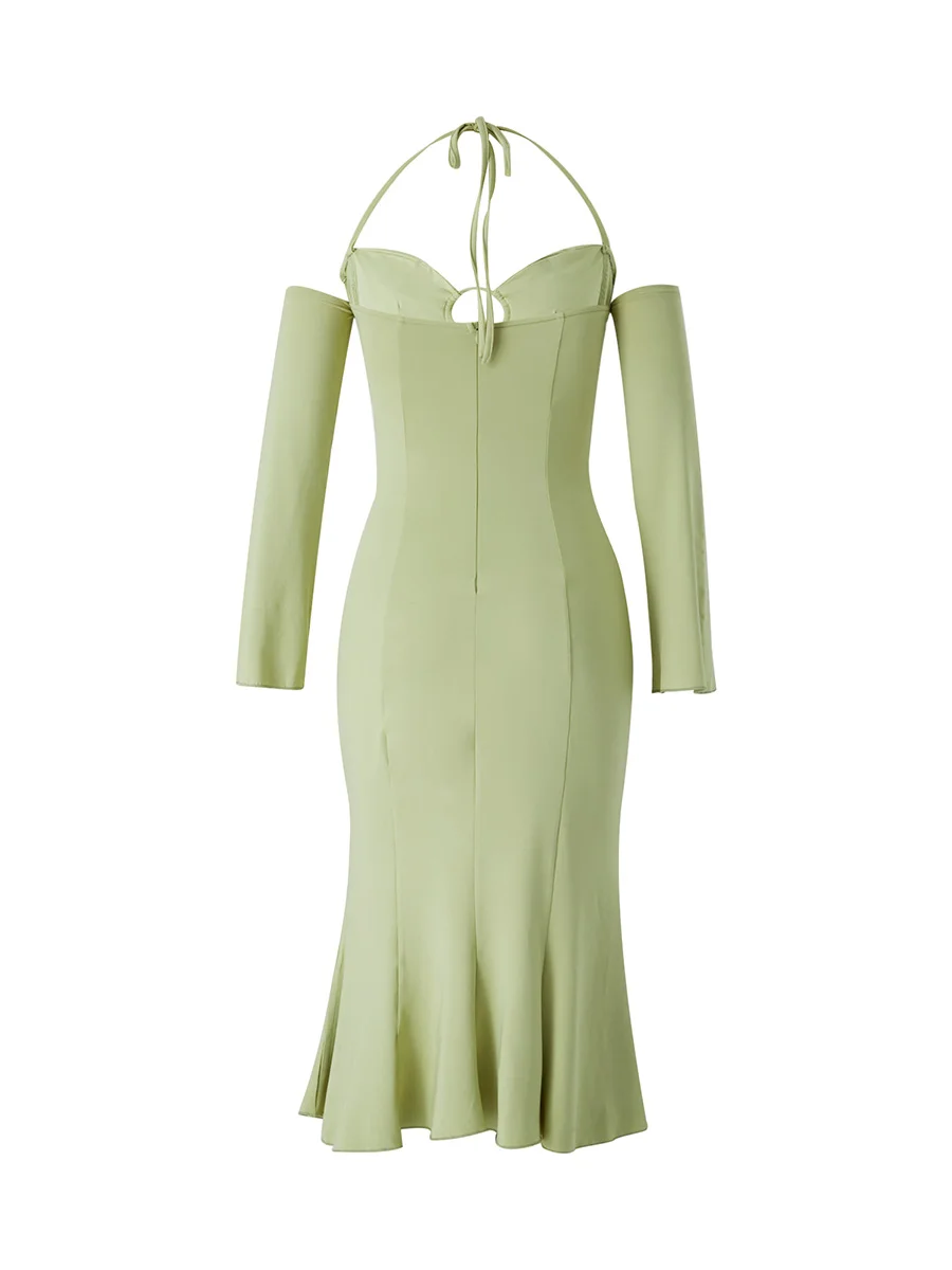 Nữ Của Dây Đầm Y2k Gợi Cảm Rỗng Ra Lệch Vai Cao Cấp Dạ Hội Dài Áo Hạt Đậu Xanh