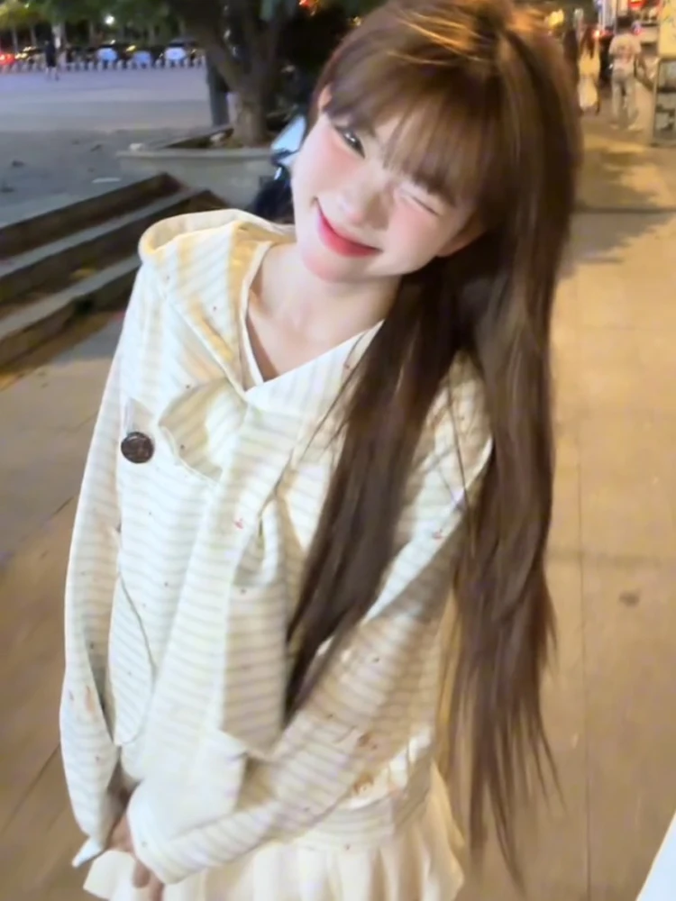 سترة نسائية كورية حلوة بنمط مخطط على شكل كلب، فضفاضة للربيع والخريف، بأكمام طويلة، جاكيت نسائي فضفاض بقلنسوة