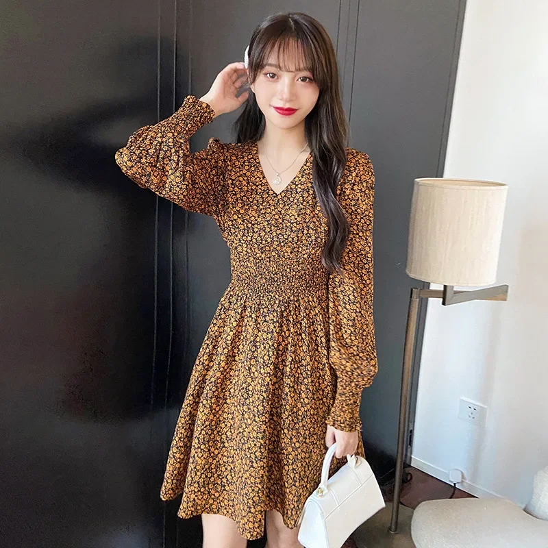 Dresses For Women Summer Dresses Women\'s Party Elegant Dress Floral Dress Ladies Puff Sleeve V Neck High Waist Stretch Dres