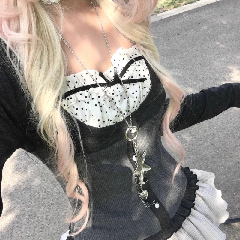 

Deeptown Korean Style Sweet T-Shirts Women Elegant Bow Polka Dot Polka Dot Tops Kawaii Fashion Sexy Slim Up Long Sleeve T-Shirts