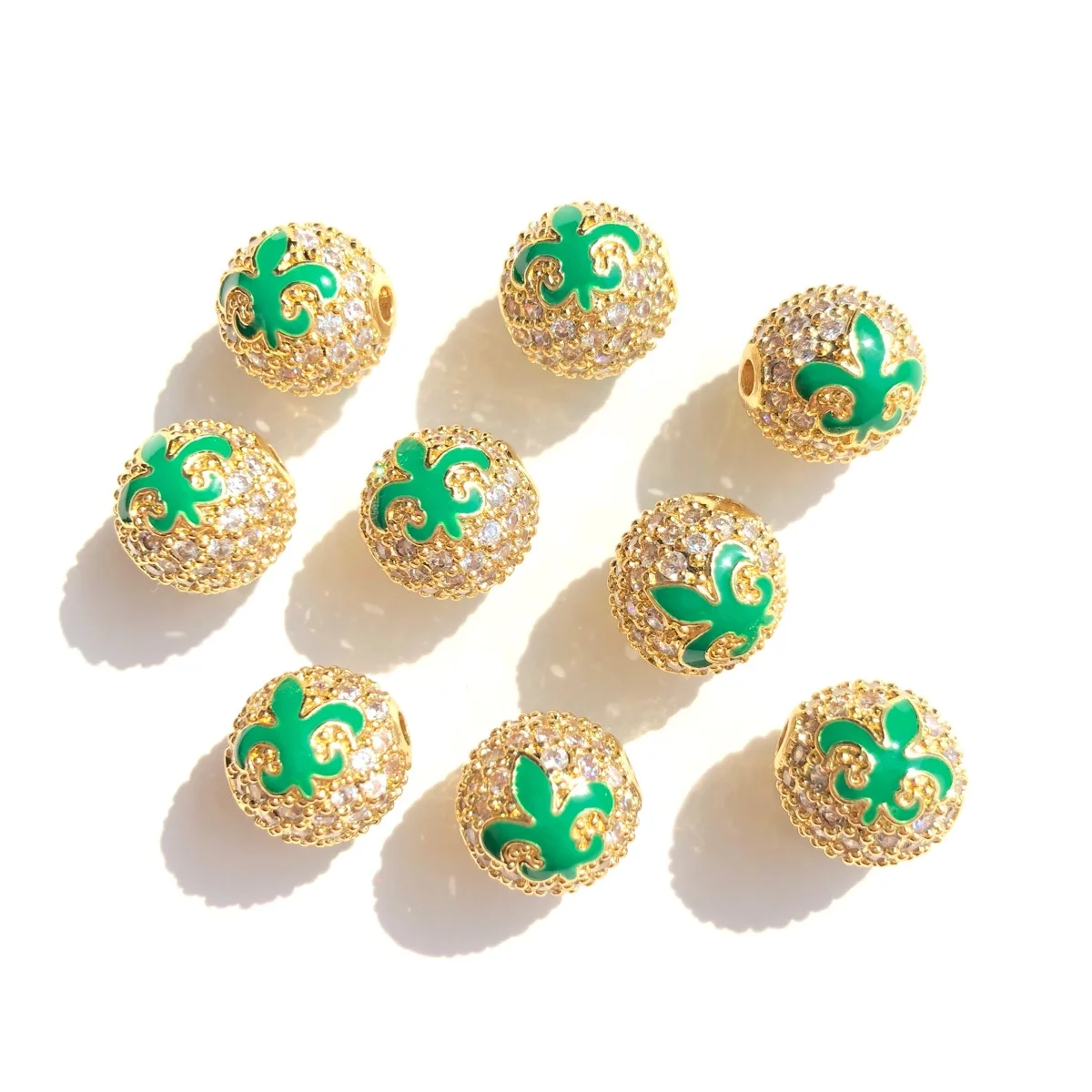 9pcs Green Yellow Purple New Orleans Mardi Gras Loose Ball Spacers Beads Zirconia Pave Gold-plated Jewelry Making Accessory Bulk