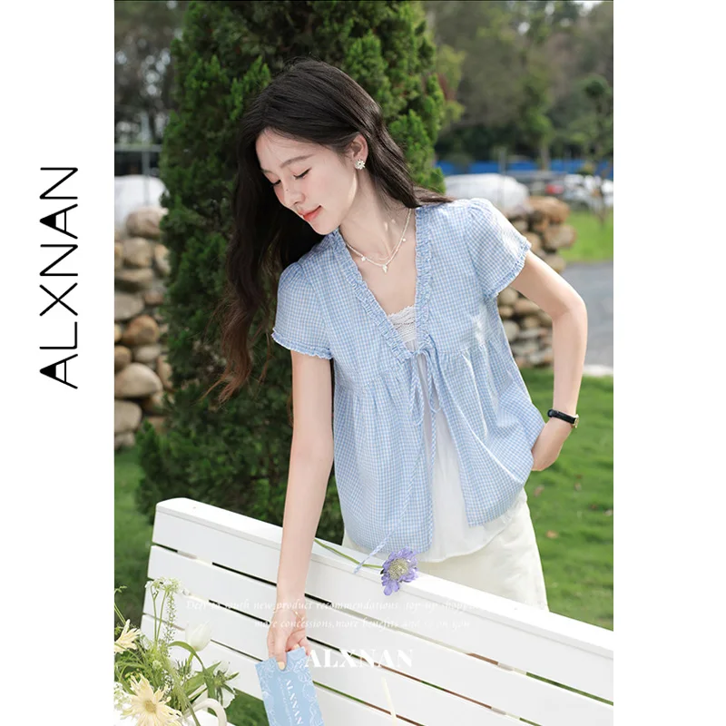 ALXNAN Blue Plaid Fake Two Piece Shirt 2026 Ruffle Trim V-neck Tie Detail Design Shirts Elegant Casual Ladies Clothing DYL662887 view 2