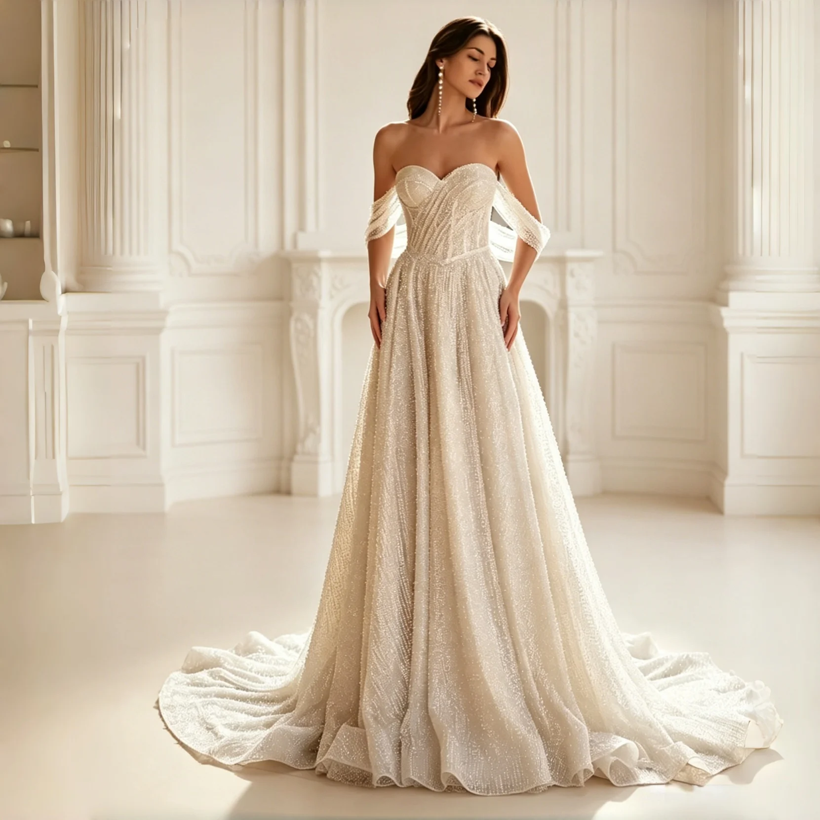 

Sparkly Allover Beaded Tulle Wedding Dress Detachable Off The Shoulder Sleeves A-Line Bridal Gown With Train Customized