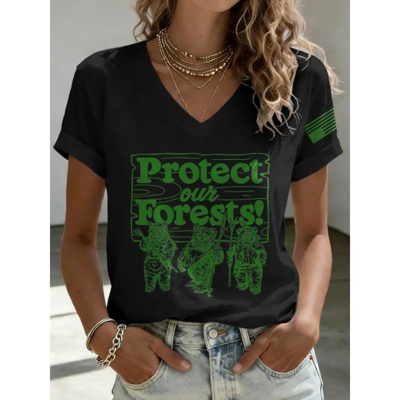 ilstile New Arrival Women's Resist Only You Can Prevent Forest Fires Print T-Shirts Short Sleeve  V Neck Summer Tops Casual Tees