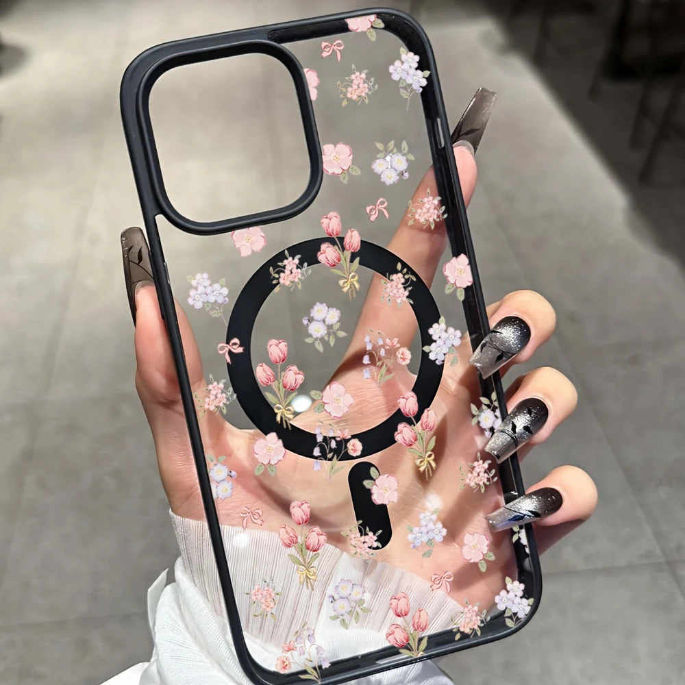 Прозрачный чехол с цветочным узором для Magsafe iPhone 16 Pro Max 17 15 14 11 13 12 ProMax Plus, чехлы для беспроводной зарядки, TPU Fundas