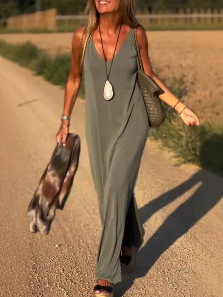 Solid Color Dress Vestidos Dresses 2025 Woman Spaghetti Strap V-link Simple Style All-match Sleeveless Sexy Casual Temperament