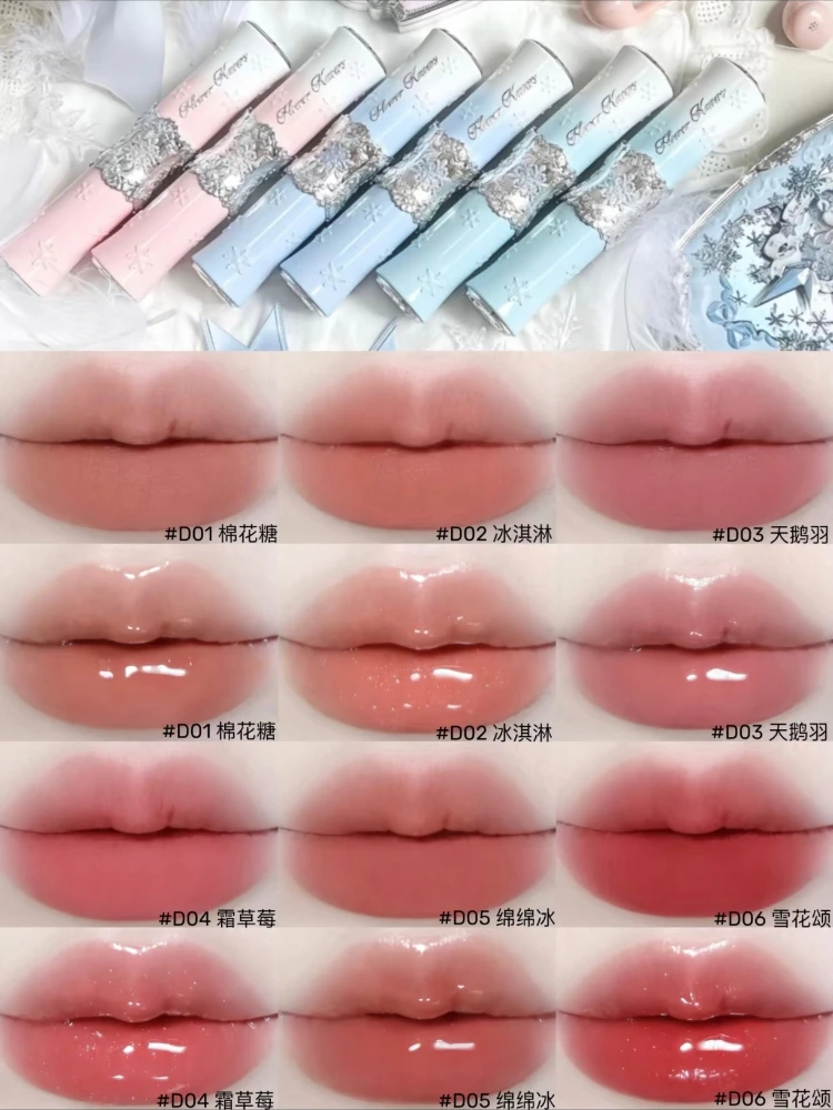 Flower Knows Snowflake Ballet Double Headed Lip Gloss New Product with One Tube Matte Soft Mist Jelly Lip Makeup Effect Makeup