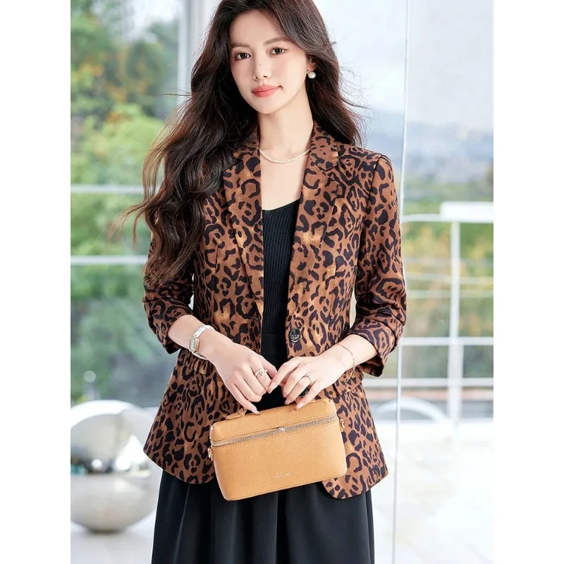 Traje informal de leopardo para mujer, chaqueta de un solo pecho, abrigo, ropa de trabajo diaria