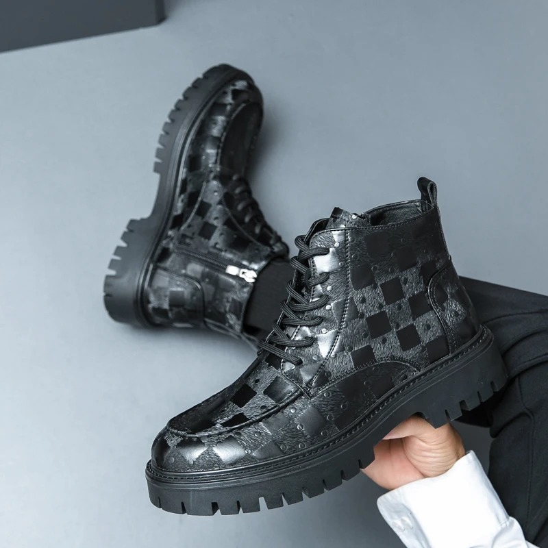 

Side zipper riding boots men's high-top British-style workwear motorcycle boots breathable and height-increasing short boots