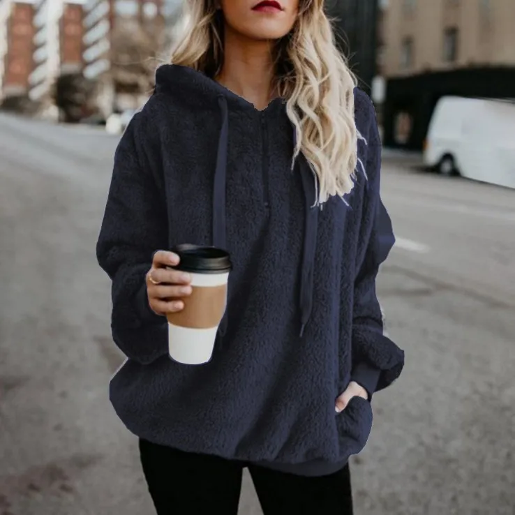 Women Casual Plush Hooded Sweatshirt Half Zip Drawstring Design Long Sleeve Front Kangaroo Pocket Relaxed Winter Pullover