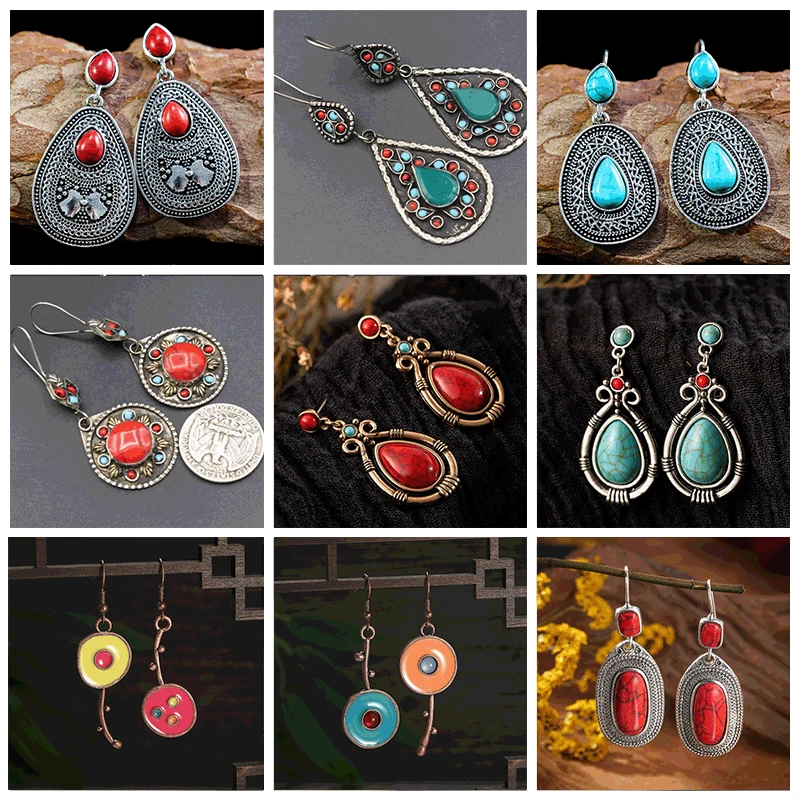 

Bohemian Ethnic Style Faux Turquoise Teardrop Earrings for Women Exquisite Vintage Creative Party Vacation Jewelry Accessories