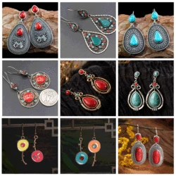 Bohemian Ethnic Style Faux Turquoise Teardrop Earrings for Women Exquisite Vintage Creative Party Vacation Jewelry Accessories