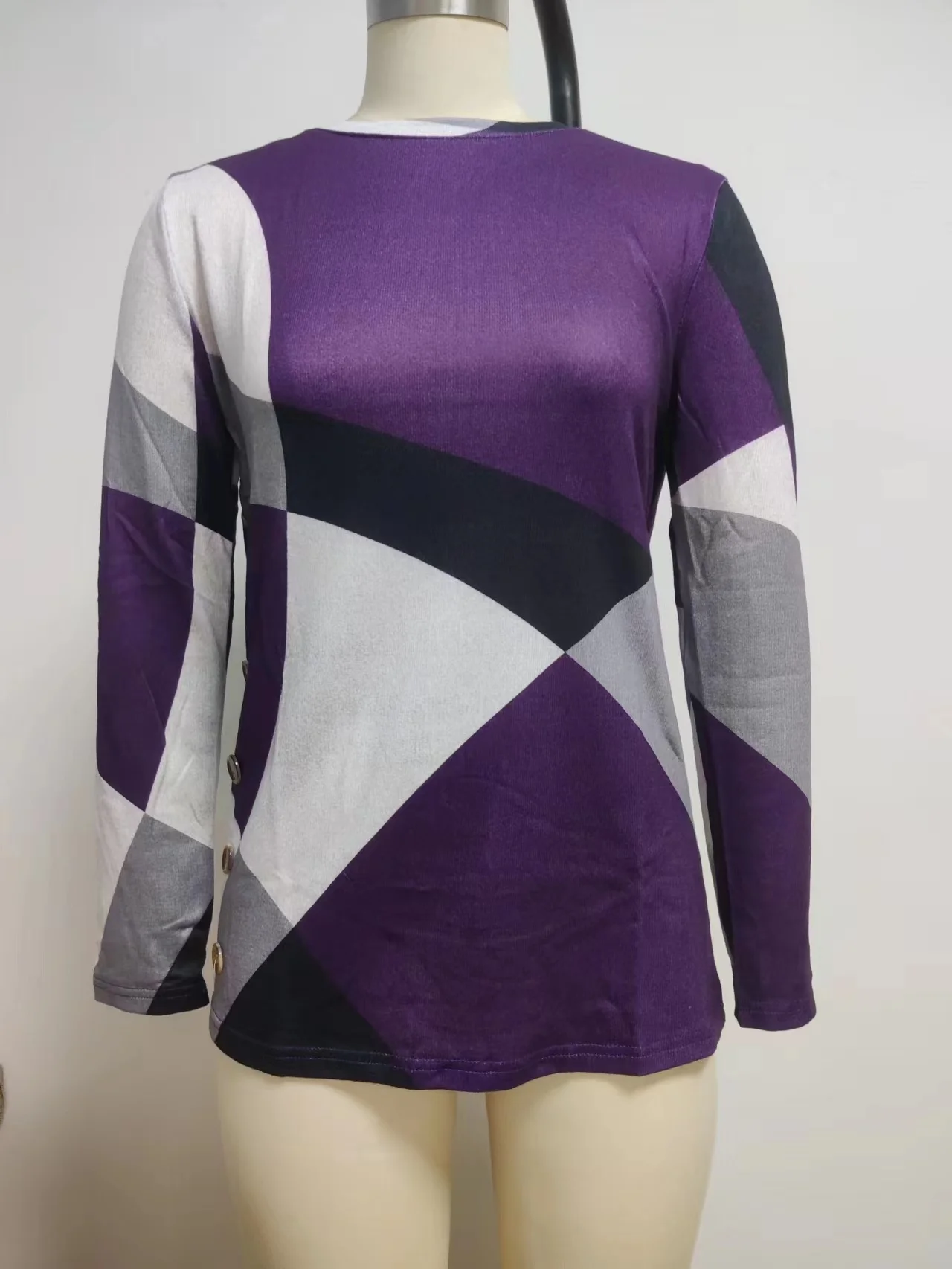 Europäische und amerikanische Frauen lässig Farb block Langarm knöpfe oben elegant lässig geometrische Tunika Tops Rundhals-T-Shirts – Detail 7