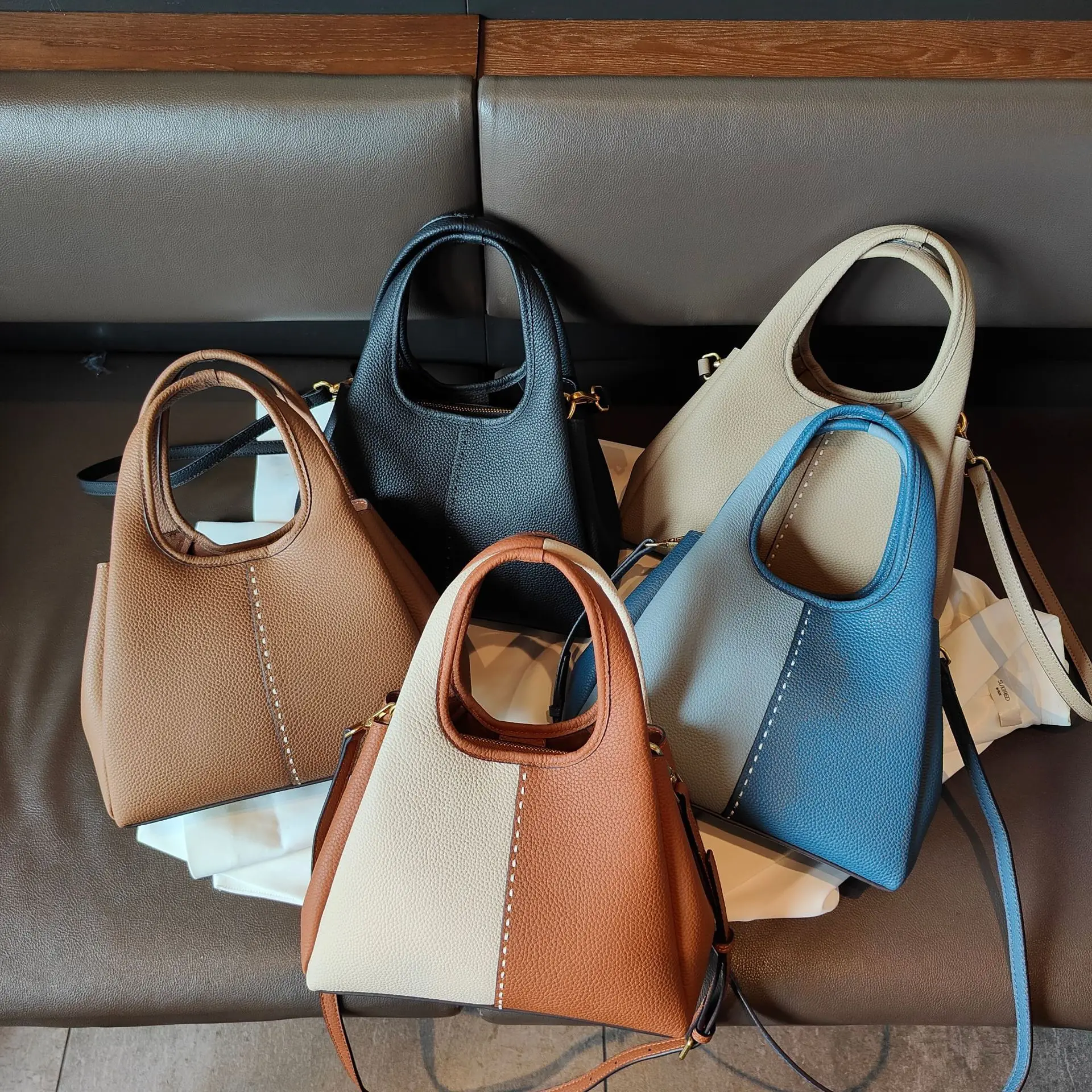 High-end Bucket Bag 2024 New Fashion Versatile First Layer Cowhide Soft Leather Color Block Ladies Bag