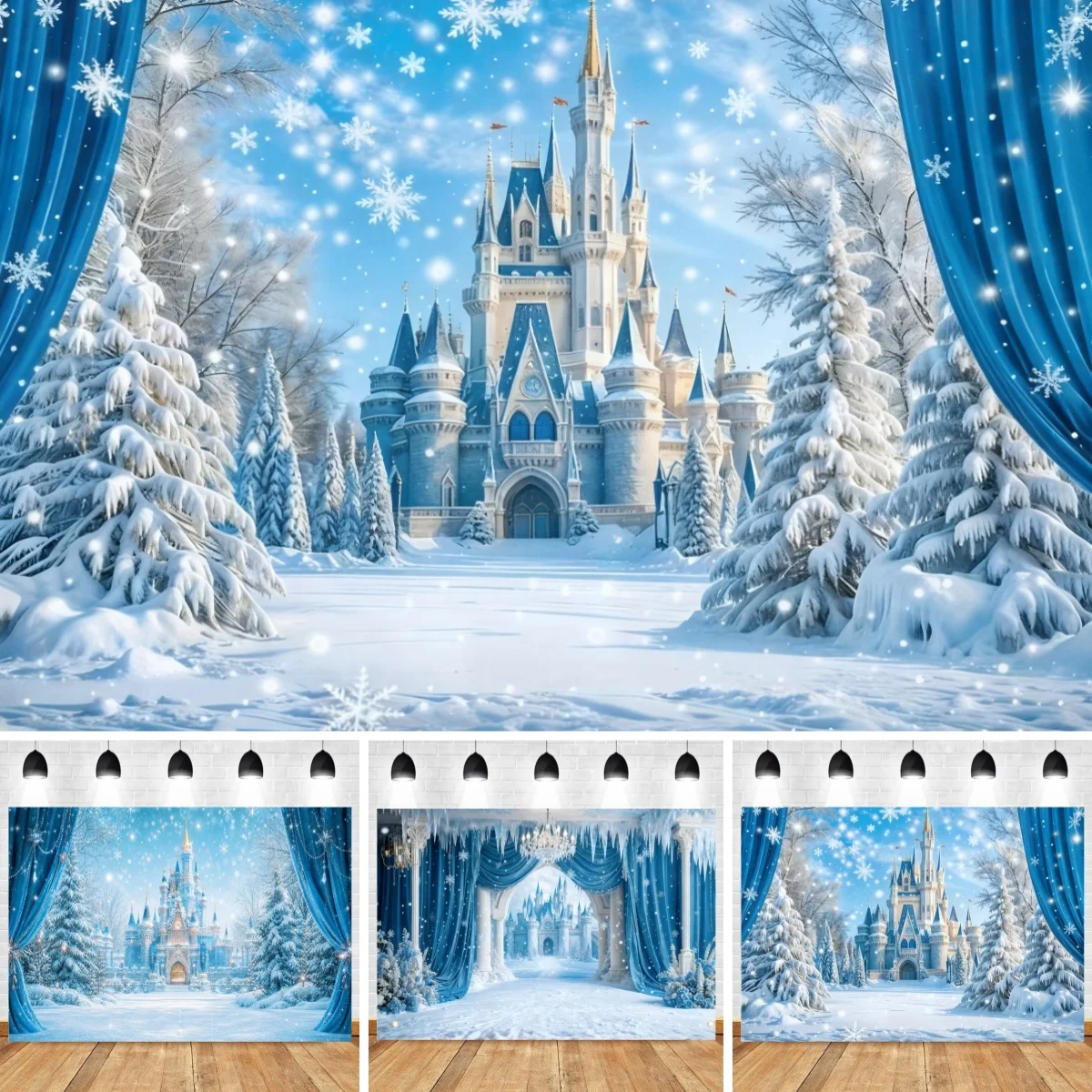 Frozen Castle Backdrop Snowy Forest Winter Wonderland Photography Background Holiday Party Studio Banner Kid Birthday Decor Prop