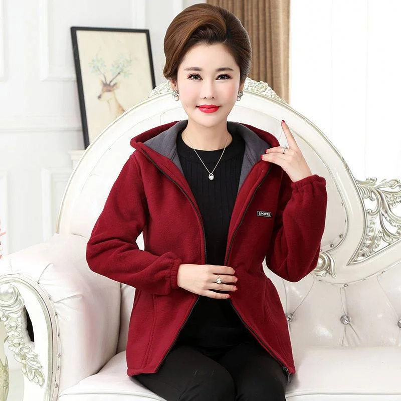 2023 New Autumn Winter Women Fleece Jackets 4XL Casual Overcoat Hooded Collar Warm Zipper Outerwear Mother Coat