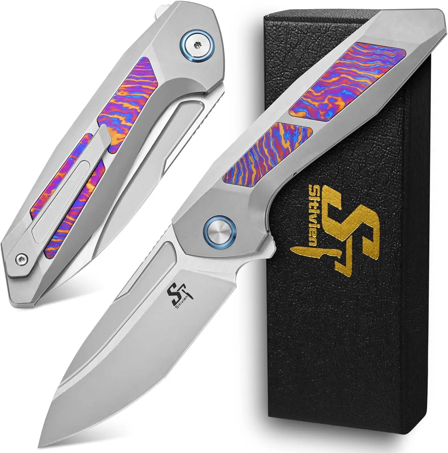 

Складной нож Sitivien ST996 ручной работы с клинком из стали M390 с перламутровой полировкой и рукоятью из титана и карбона/тимаскуса для активного отдыха