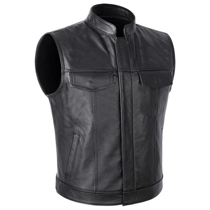 Purchase 2025 new vest, solid color zipper button motorcycle, casual outdoor punk top, leather vest