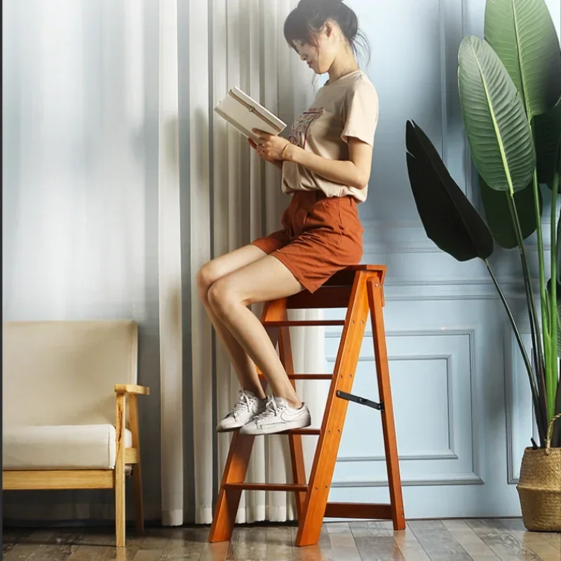 Indoor Thickening Ladder Chair Multi-function Ladder Stool Climbing Folding Step Stool Strong and Stable Wooden Ladder