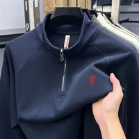 Sudadera de manga larga con cuello levantado y media cremallera de algodón 2025 para otoño e invierno, estilo deportivo informal, Base de Color sólido