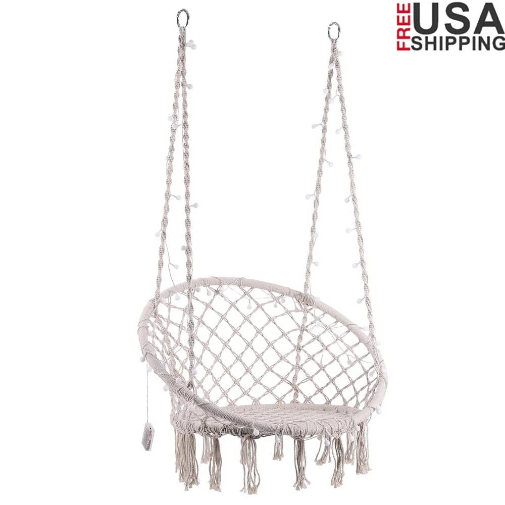 

Hanging Hammock Chair with LED Lights 39ft Indoor Outdoor 330lbs Capacity Durable Rope Iron Rings Perfect Relaxation and