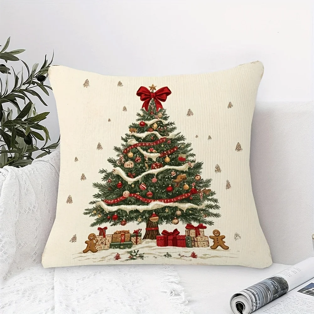1pc Christmas Tree Throw Pillow Cover Polyester 2D Double Sided Print Gingerbread Man Gift Box Cushion Case Home Sofa Bedroom Xm