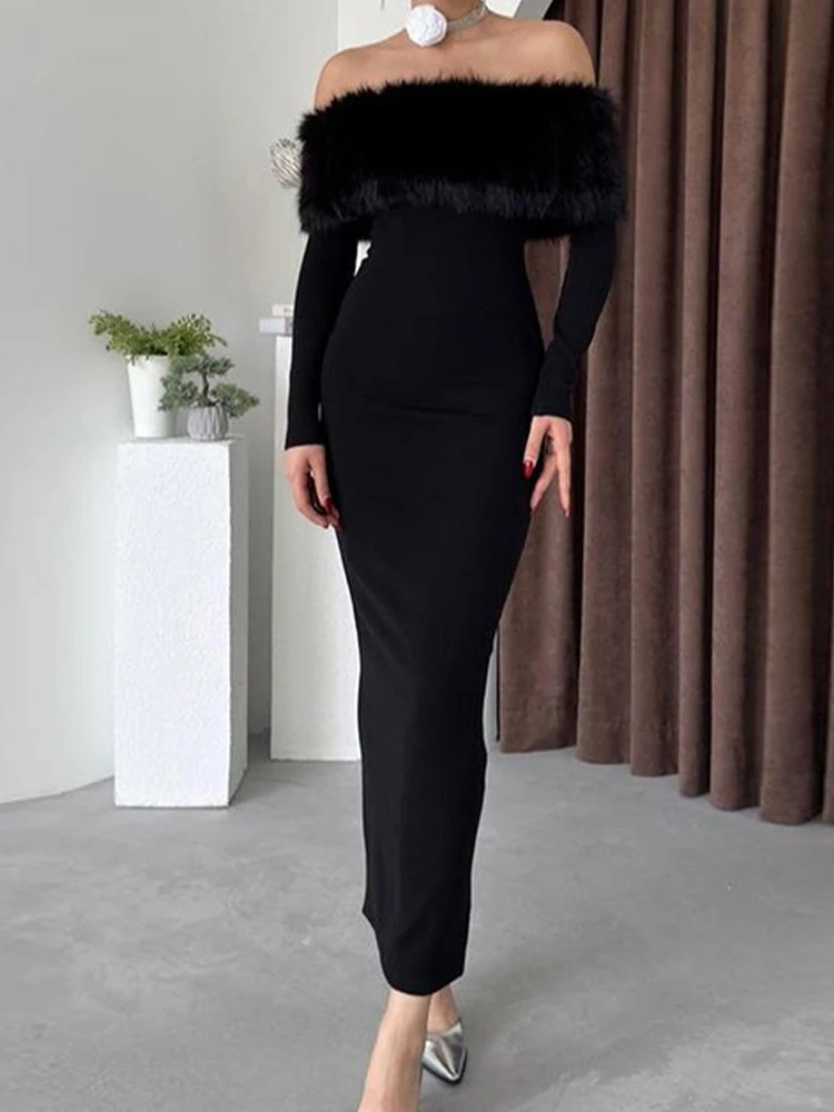 Women Fahsion Fur Patchwork Slim Fit Long Dress Casual Backless Solid Party Dress Elegant Off Shoulder Long Sleeve Gowns Dress