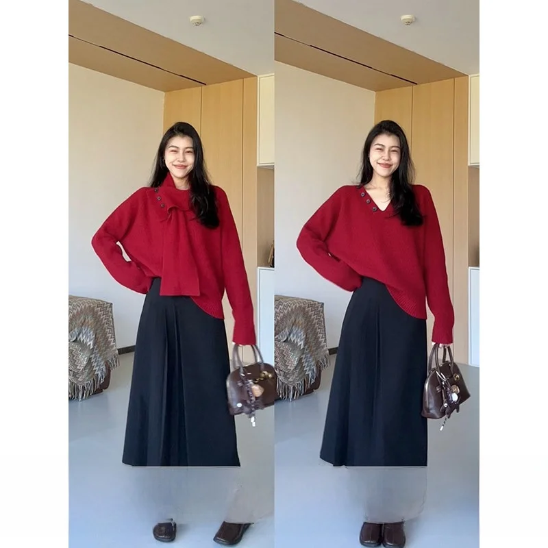 

Zhang a Xing New Year Aosphere Detachable Scarf Soft Loose Sweater Dra Long Skirt Casual Sle Winter Faion Set for W...