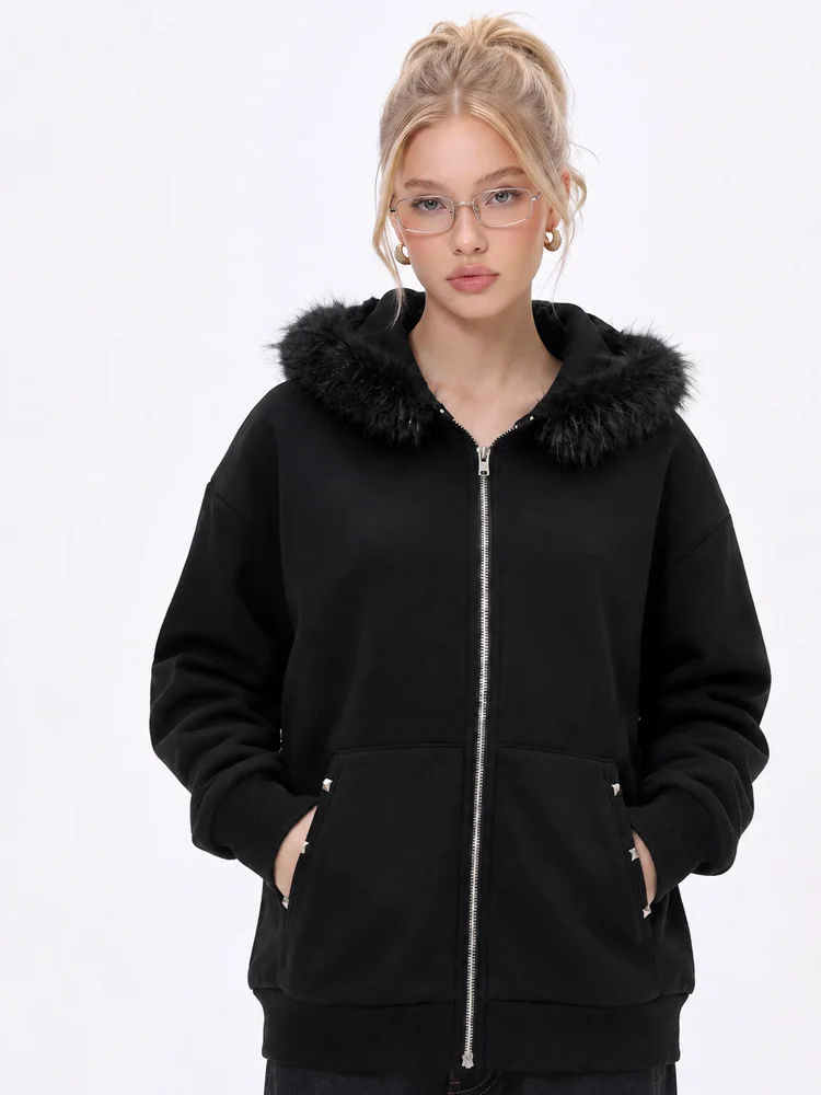 Women Oversized Zip Up Aesthetics Hoodie Winter Faux Fur Hooded Sweatshirt Y2K Streetwear Casual Warm Hoodie gallery 1