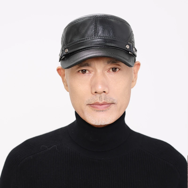 قبعة بيسبول مسطحة للخريف/الشتاء للرجال - قبعة كاجوال من جلد البقر الأصلي (56-60 سم) مع ديكور برشام #2