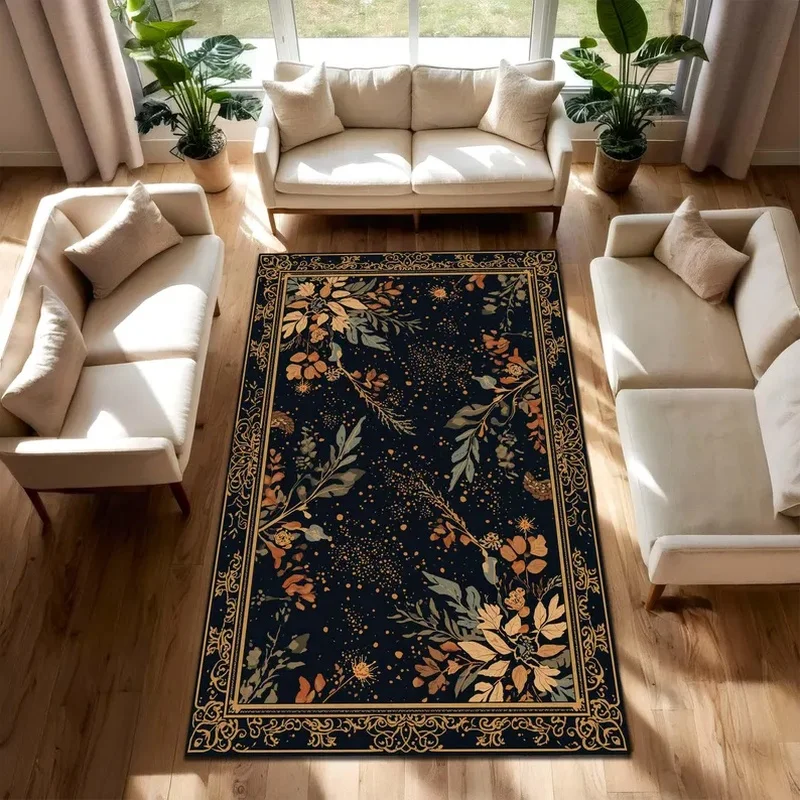 VIKAMA Dark Botanical Rug with Gold Floral Border, Vintage Cottage Bohemian Carpet for Living Room Bedroom Entryway Home Decor