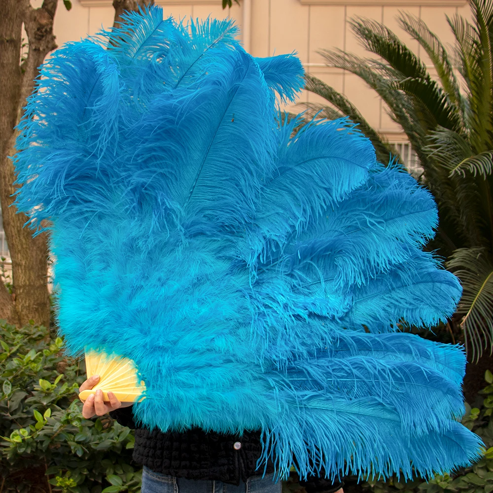 13 Bones Big Hand Held Folding Fan Blue Natural Ostrich Feather Fan for Carnival Performance Dance Fans Party Stage Show Props