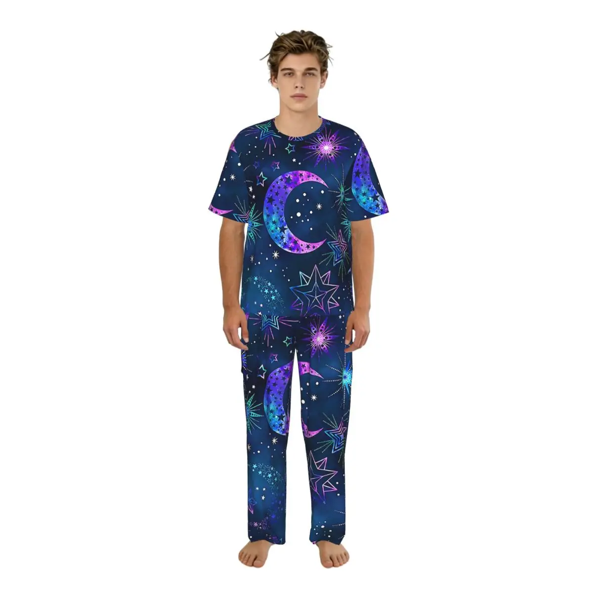 

Мужская пижама с короткими рукавами, комплект из двух предметов: брюки и рубашка, с принтом Galaxy Moon Starry Star, домашний костюм, одежда для сна.