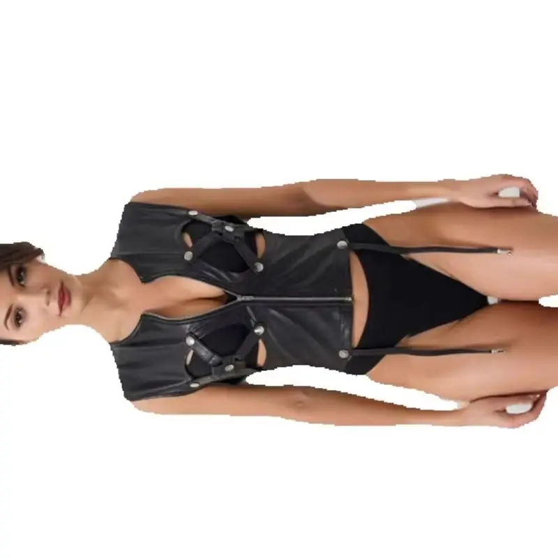 

Woman PU Leather Hollow Out Clasp Waistcoat Top Decussate Bra Buckle Vest Zip Club Sexy Underwear Crotch Straps Disassemble Tank