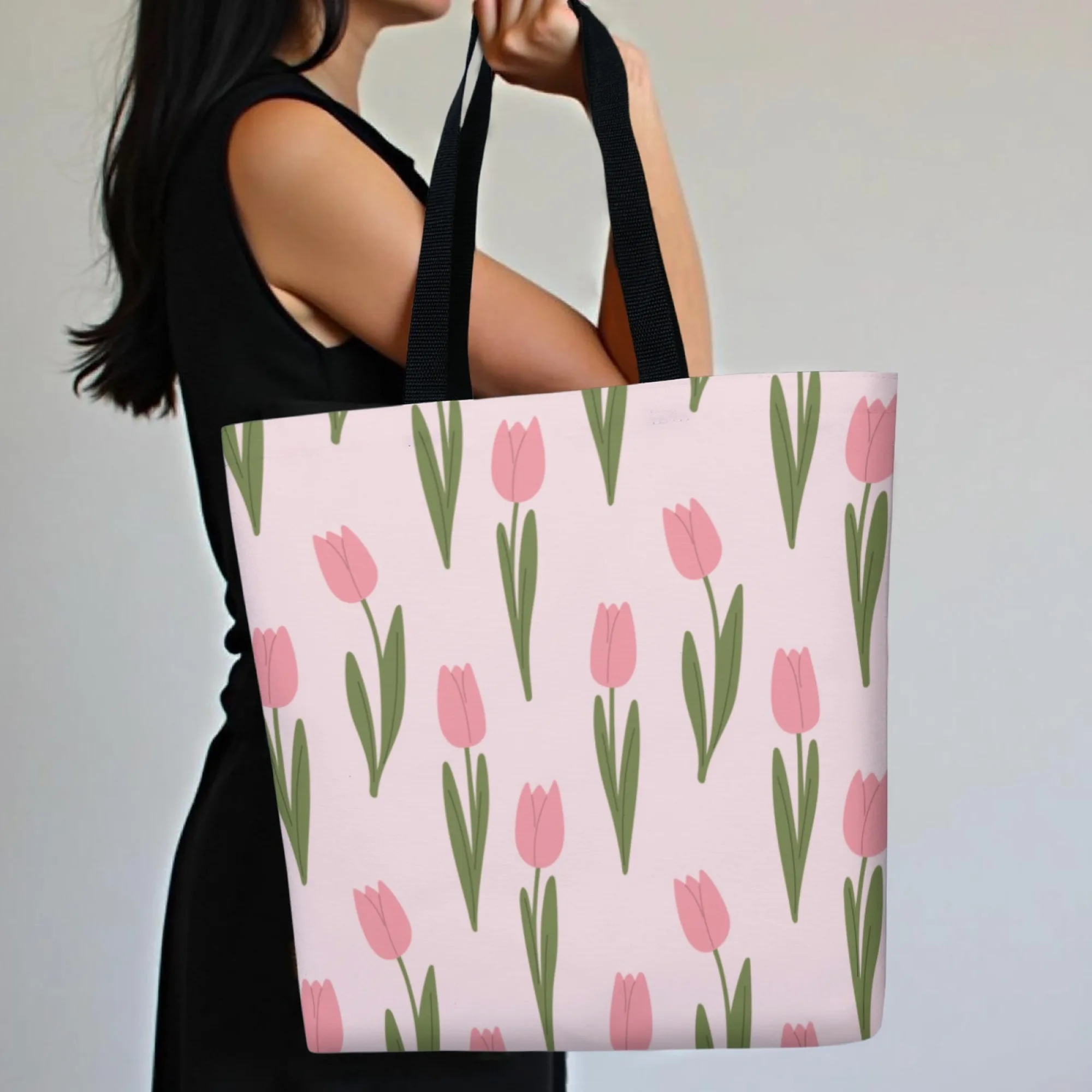 

Handbag for Women Reusable with Pink Tulips & Green Leaves Design Spacious Work Beach Picnics Casual Style Trendy Durable