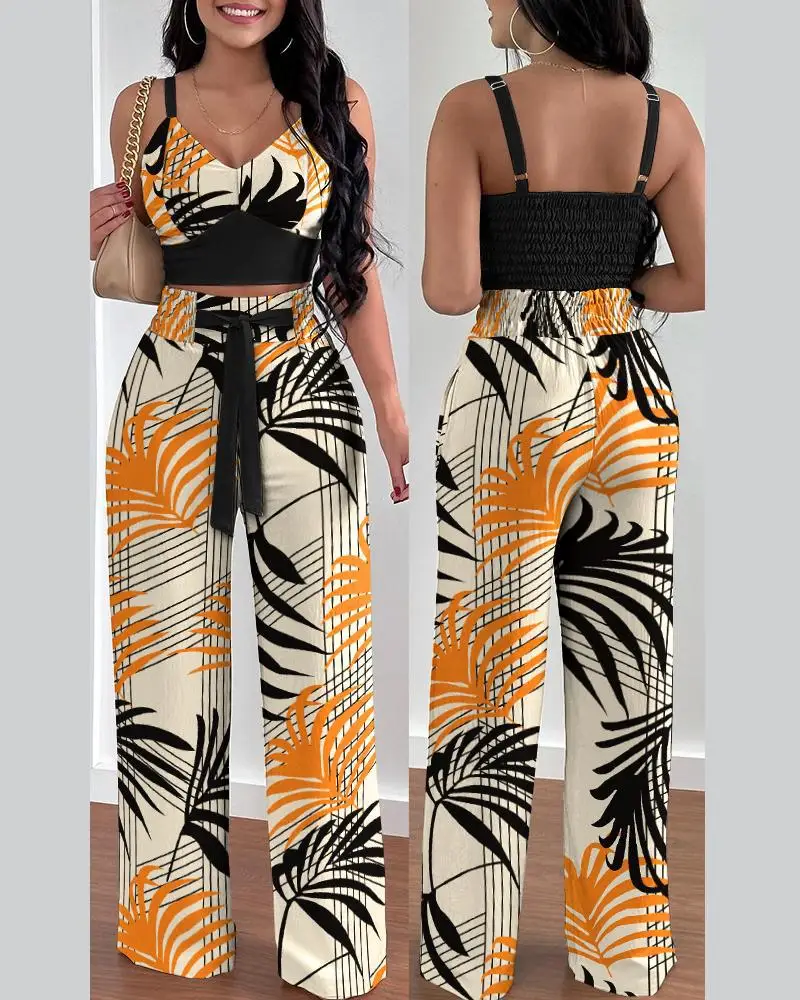 Women\'s Fashion Printed Halter V-Neck Short Vest Suit Top Work Wide Leg Pants Matching Suit Summer Casual Women\'s Elegant Suit