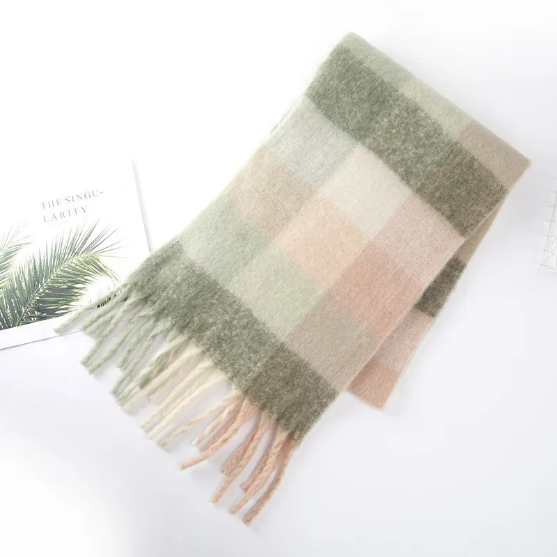 Korean Style Womens Plaid Scarf Faux Cashmere Mohair Warm Shawl for Autumn Winter New Wholesale