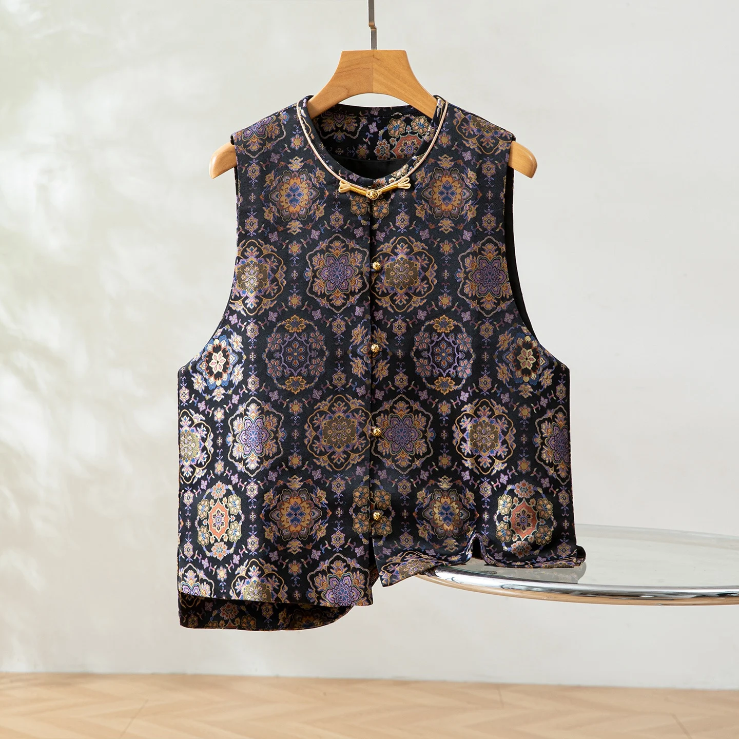 Winsleter-100% seda real canção brocado elegante colete casaco, o pescoço geometria, novo colete estilo chinês feminino, 2025 outono c5o099cc